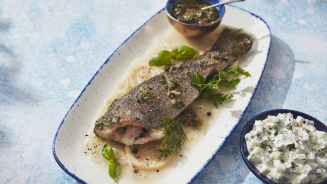 poached trout with cucumber salad and salsa verde