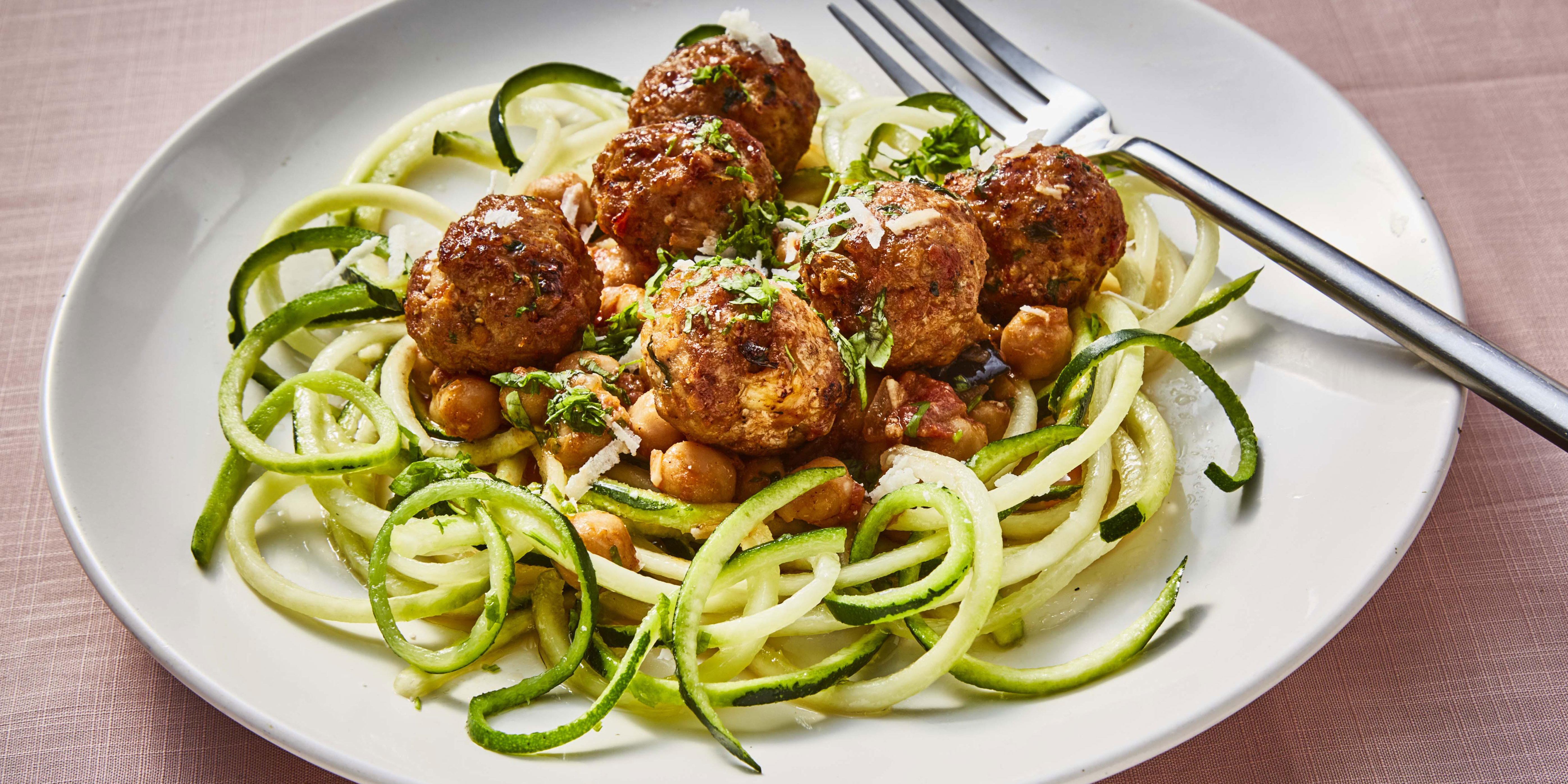 Pork Meatballs and Courgetti served on a white plate with a fork