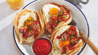 Sausage Fried Egg and Spicy Chilli Ketchup Breakfast Taco Pancakes