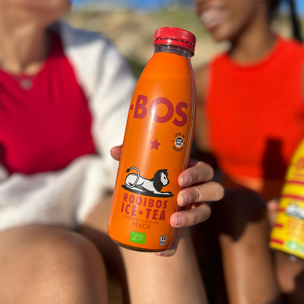 Bottle of Bos Rooibos Peach Ice Tea.